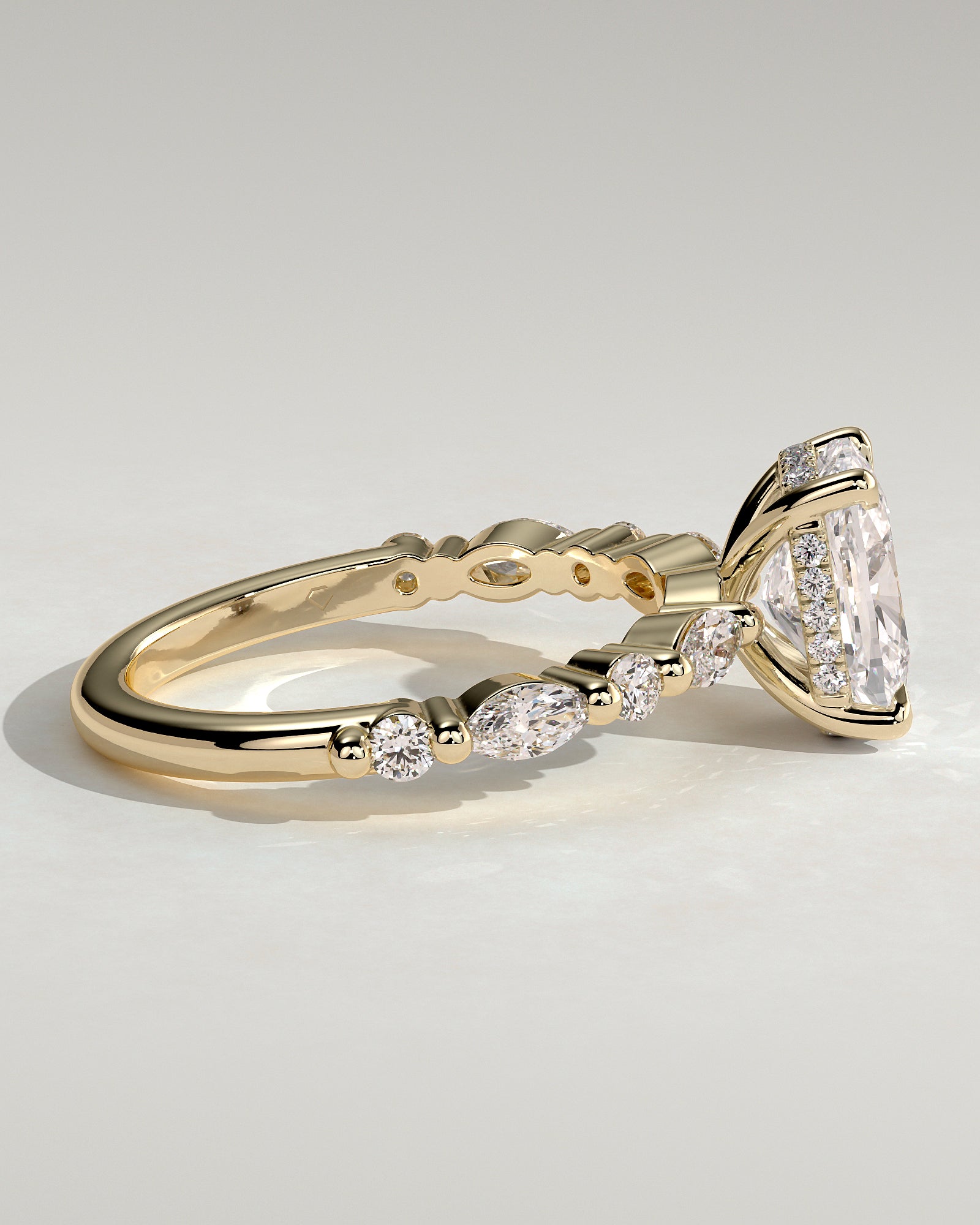 Cali - Elongated Cushion Claw Solitaire with Marquise-Round Accent Stones and Hidden Halo Engagement Ring - Yellow Gold - Yellow Gold 2ct