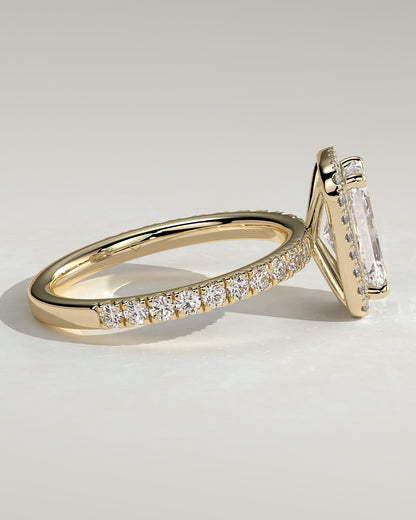 Catherine - Radiant Claw Solitaire with Halo and Pave Band Engagement Ring - Yellow Gold