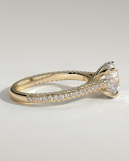 Chelsea - Round Claw Solitaire with Hidden Halo, Triple Pave Band and Cathedral High Setting Engagement Ring - Yellow Gold