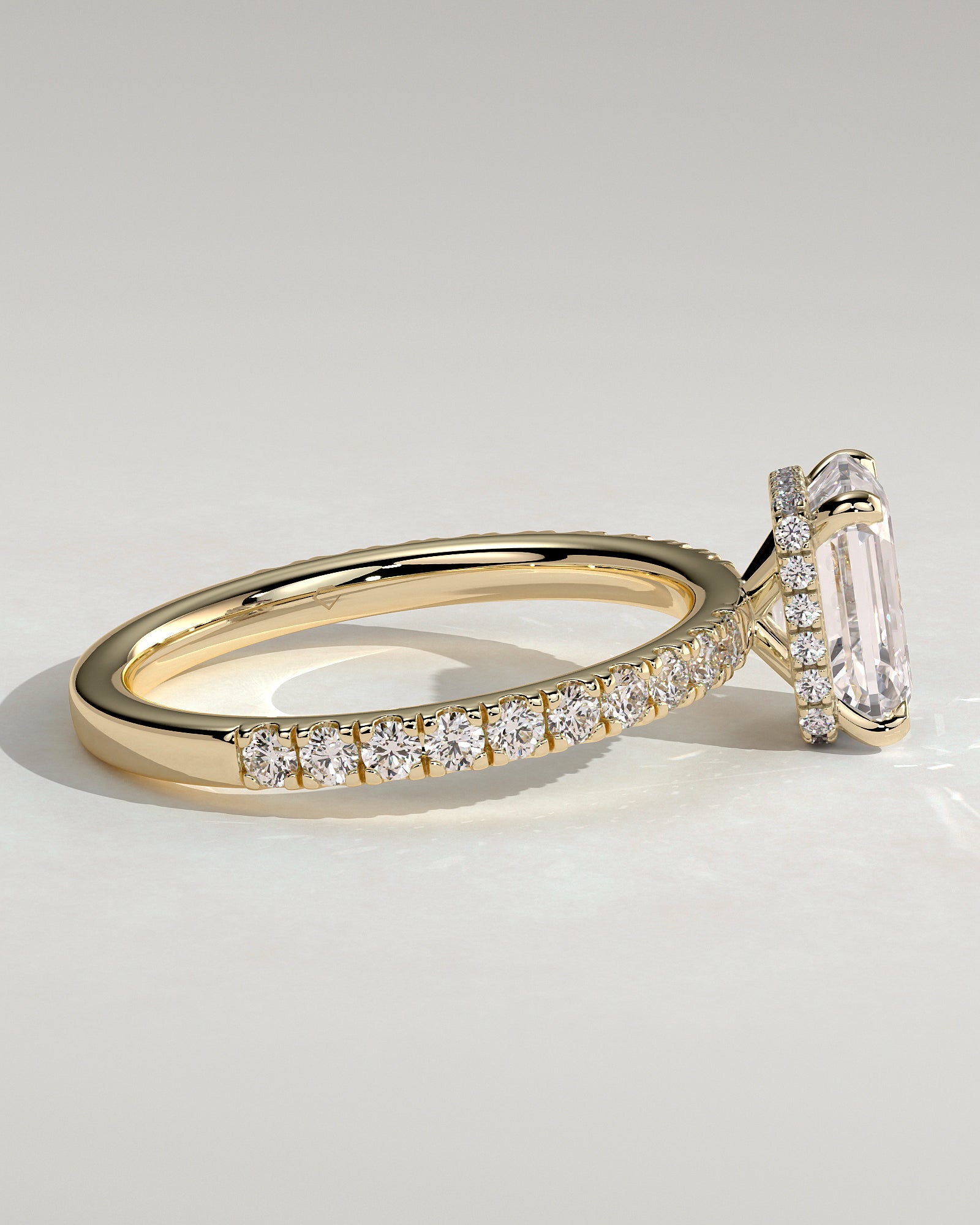 Eliana - Emerald Claw Solitaire with Wrap Around Hidden Halo and Pave Band Engagement Ring - Yellow Gold - Yellow Gold 2ct
