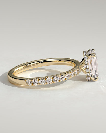 Eliana - Emerald Claw Solitaire with Wrap Around Hidden Halo and Pave Band Engagement Ring - Yellow Gold