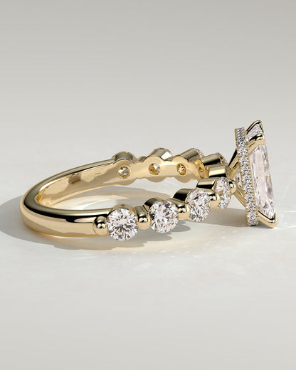 Josephine - Radiant Claw Solitaire with Round Accent Stones and Wrap Around Hidden Halo Engagement Ring - Yellow Gold