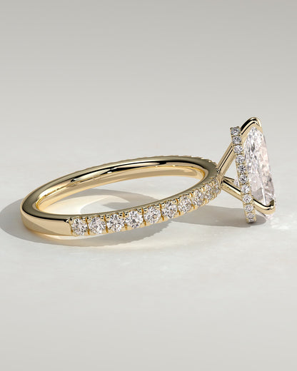 Keira - Pear Claw Solitaire with Wrap Around Hidden Halo and Pave Band Engagement Ring - Yellow Gold