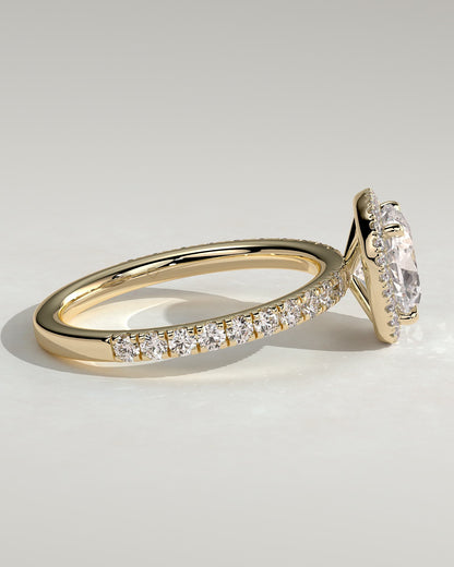 Suzana - Cushion Claw Solitaire with Halo and Pave Band Engagement Ring - Yellow Gold