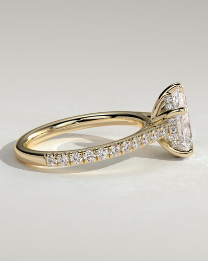 Katrina - Pear Claw Solitaire with Hidden Halo, Pave Band and Cathedral High Setting Engagement Ring - Yellow Gold