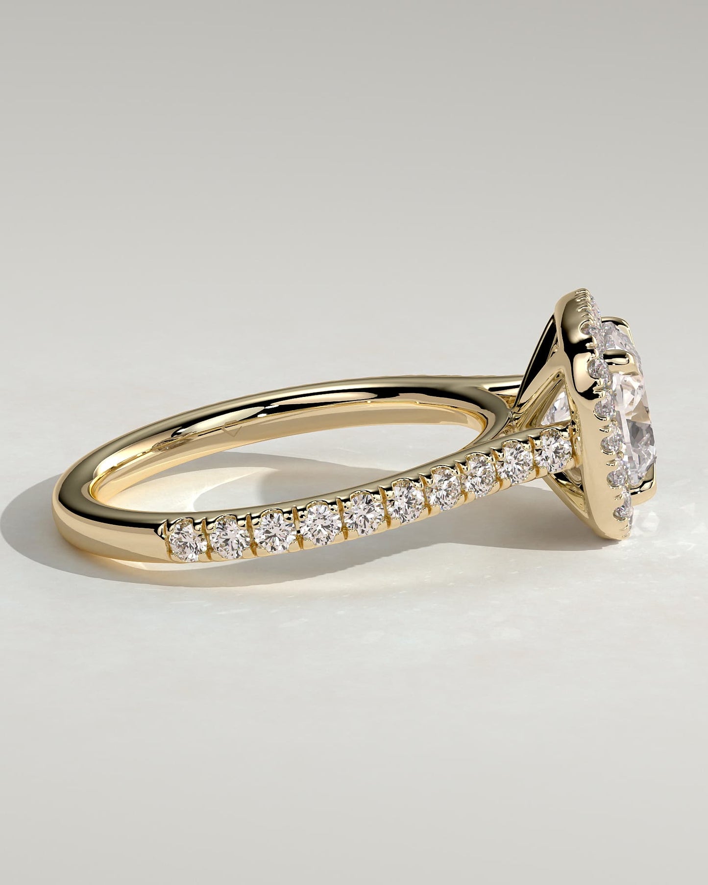 Nicole - Cushion Claw Solitaire with Halo and Pave Band and Cathedral High Setting Engagement Ring - Yellow Gold