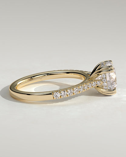 Amelia - Round Double Claw Solitaire with Hidden Halo, Tapered Pave Band and Cathedral High Setting Engagement Ring - Yellow Gold