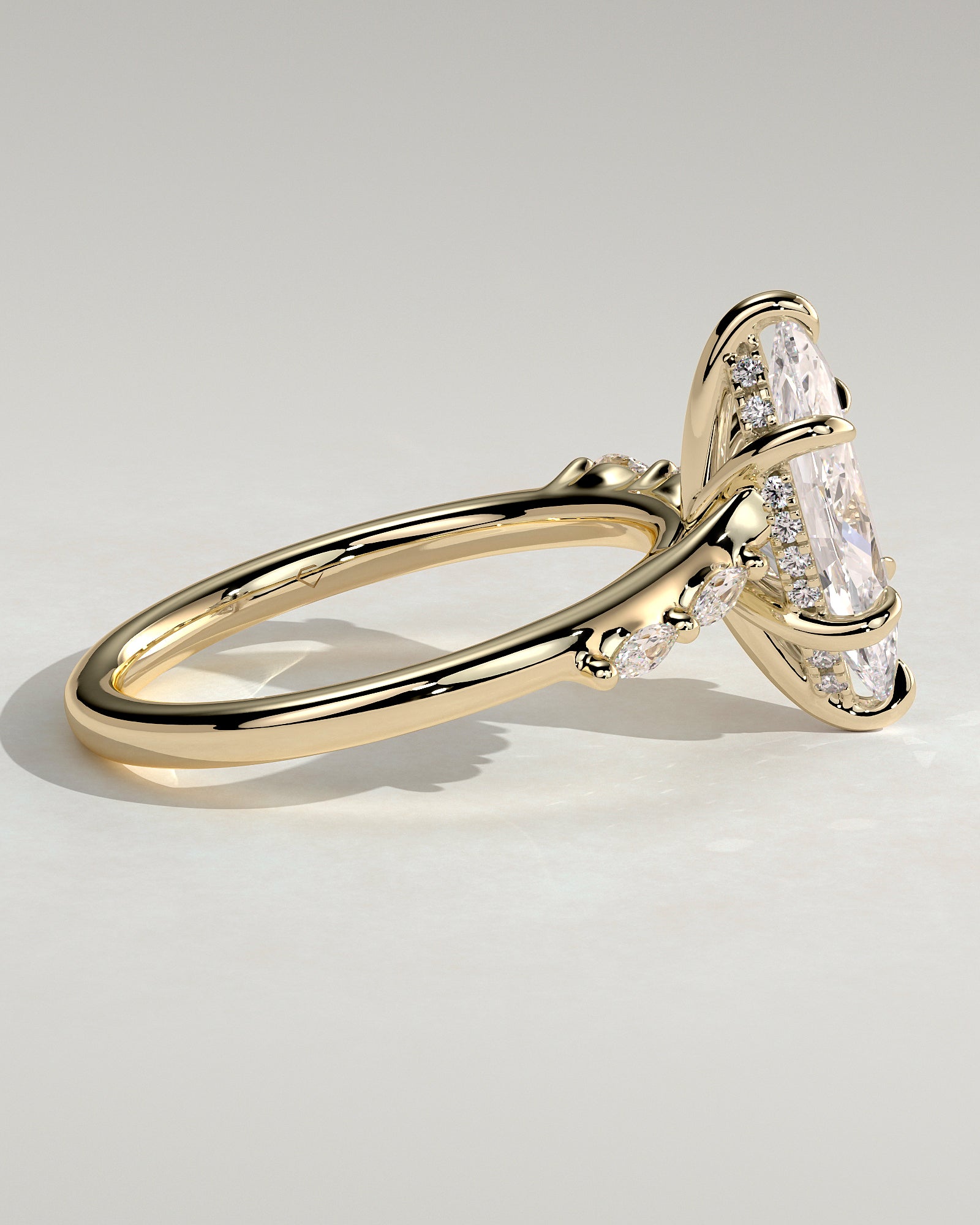 Elsie - Marquise Claw Solitaire with Hidden Halo, Opposing Marquise Accents and Cathedral High Setting Engagement Ring - Yellow Gold - Yellow Gold 2ct