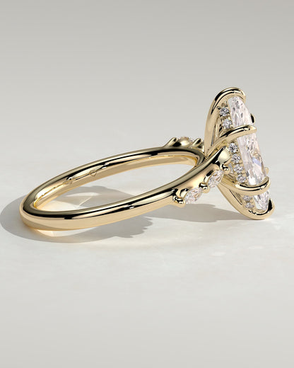 Elsie - Marquise Claw Solitaire with Hidden Halo, Opposing Marquise Accents and Cathedral High Setting Engagement Ring - Yellow Gold