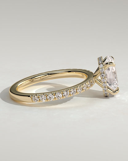 Evangeline - Oval Claw Solitaire with Wrap Around Hidden Halo and Pave Band Engagement Ring - Yellow Gold