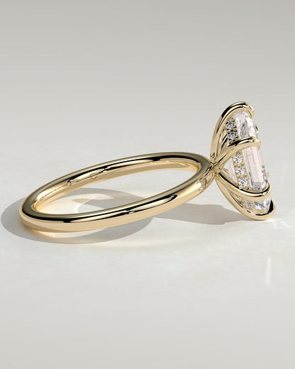 Delta - Elongated Hexagon Claw Solitaire with Hidden Halo Engagement Ring - Yellow Gold