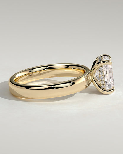 Cora - Elongated Cushion Claw Solitaire with Cigar Band and Hidden Halo Engagement Ring - Yellow Gold