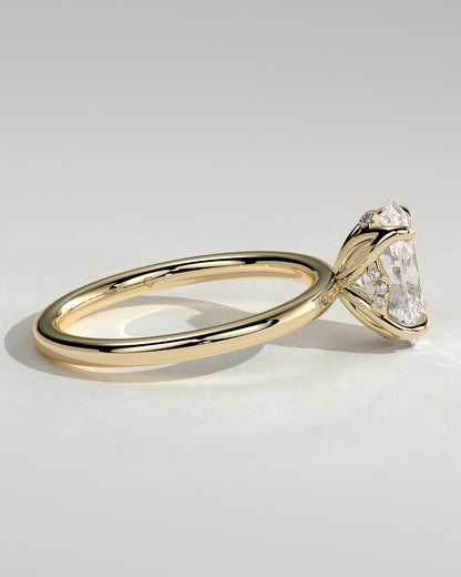 Ivy - Oval Claw Solitaire with Petal Gallery and Accented Tiara Detail Engagement Ring - Yellow Gold