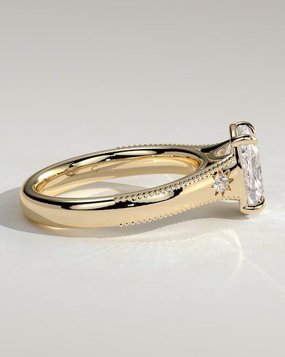 Taylor - Vintage Style Elongated Cushion Claw Solitaire with Bezel Frame and Star Set Accent Stones, Milgrain and Pinched Reverse Tapered Band Engagement Ring - Yellow Gold