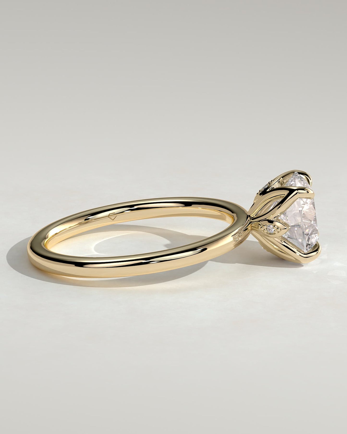 Joy - Round Claw Solitaire with Petal Gallery and Accent Leaf Detail Engagement Ring - Yellow Gold