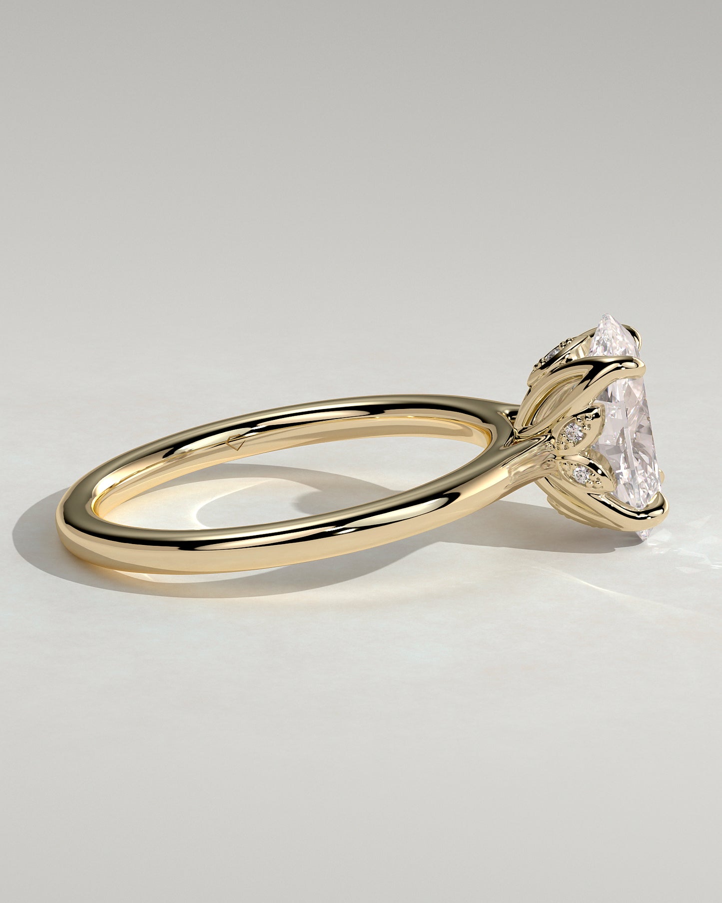 Erica - Oval Claw Solitaire with Petal Gallery, Accent Leaf Detail and Cathedral Setting Engagement Ring - Yellow Gold - Yellow Gold 2ct