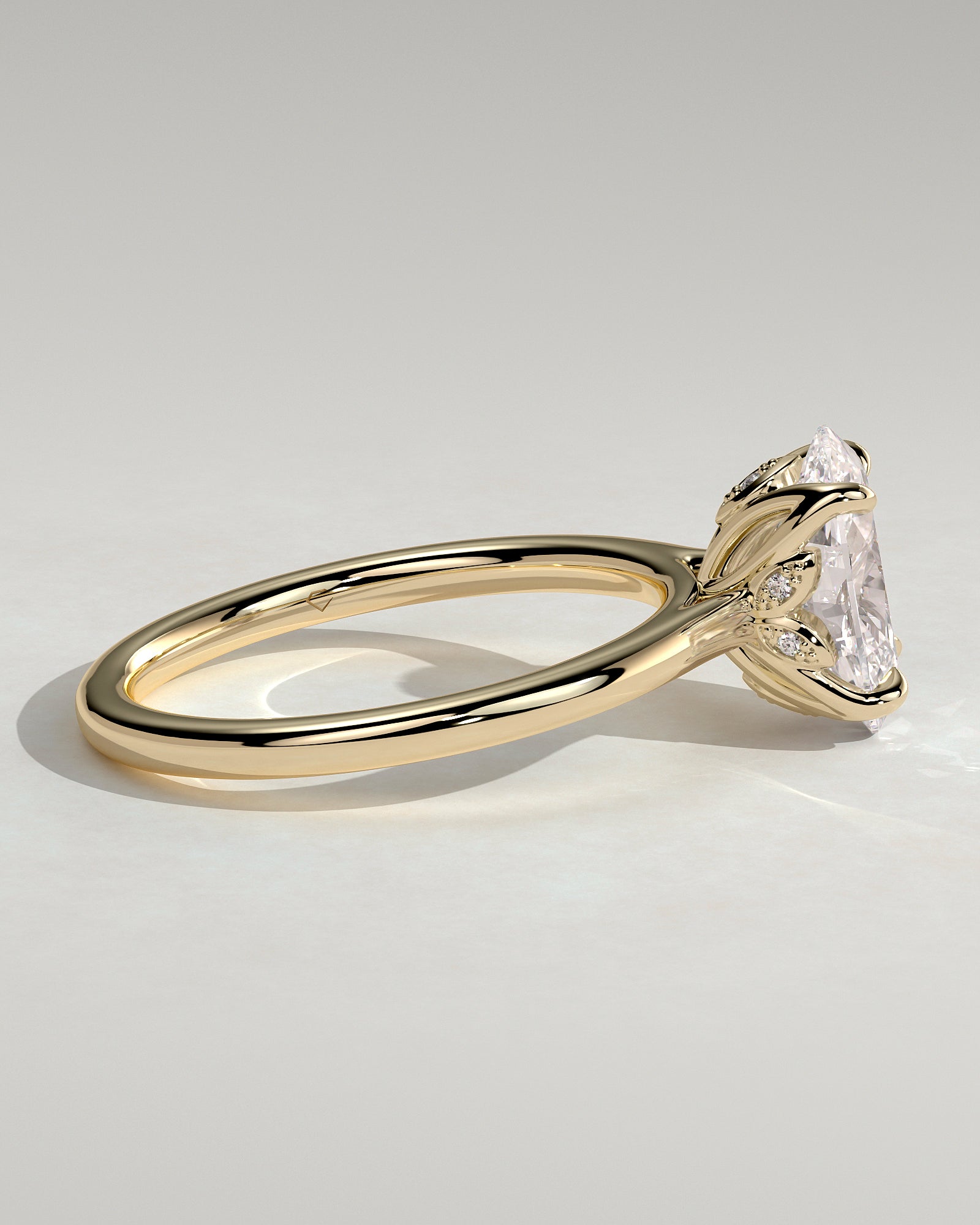 Erica - Oval Claw Solitaire with Petal Gallery, Accent Leaf Detail and Cathedral Setting Engagement Ring - Yellow Gold - Yellow Gold 2ct