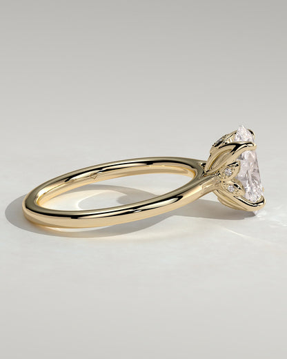 Erica - Oval Claw Solitaire with Petal Gallery, Accent Leaf Detail and Cathedral Setting Engagement Ring - Yellow Gold
