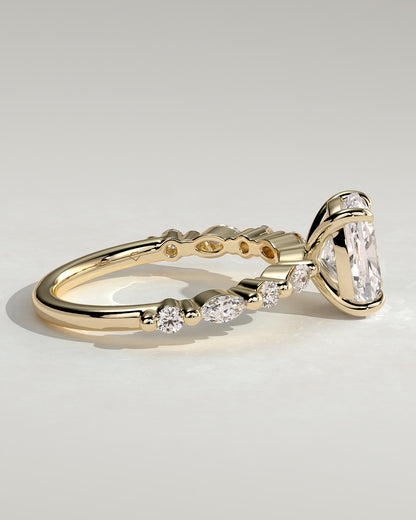 Delphine - Elongated Cushion Claw Solitaire with Marquise and Round Accent Stones Engagement Ring - Yellow Gold