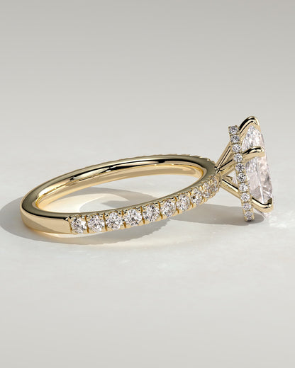 Jordanna - Pear Claw Solitaire with Wrap Around Hidden Halo and Pave Band Engagement Ring - Yellow Gold