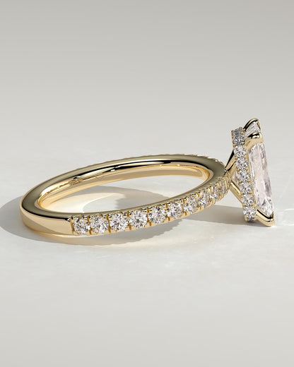 Ellie - Radiant Claw Solitaire with Wrap Around Hidden Halo and Pave Band Engagement Ring - Yellow Gold