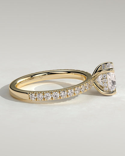 Claudia - Cushion Claw Solitaire with Hidden Halo and Pave Band Engagement Ring - Yellow Gold