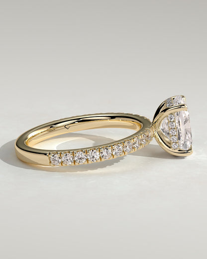 Camilla - Elongated Cushion Claw Solitaire with Hidden Halo and Pave Band Engagement Ring - Yellow Gold