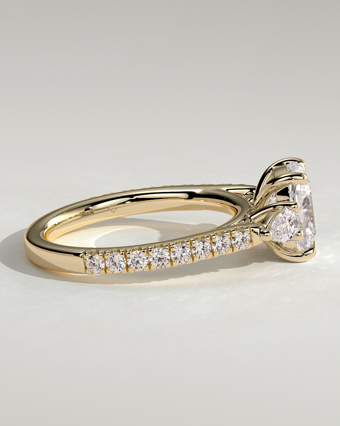 Bree - Elongated Cushion Claw Trilogy with Pear Side Stones and Pave Band Engagement Ring - Yellow Gold - Yellow Gold 2ct