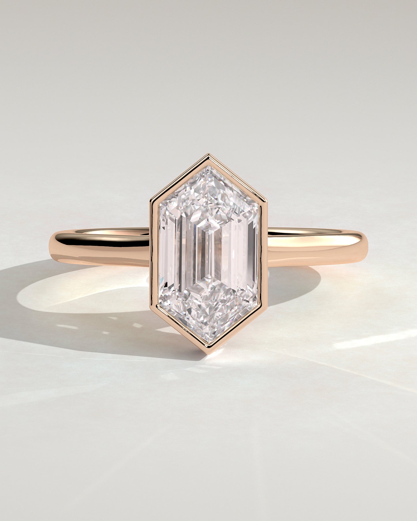 Gloria - Elongated Hexagon Bezel Solitaire with Hidden Halo and Cathedral High Setting Engagement Ring - Rose Gold - Rose Gold 2ct