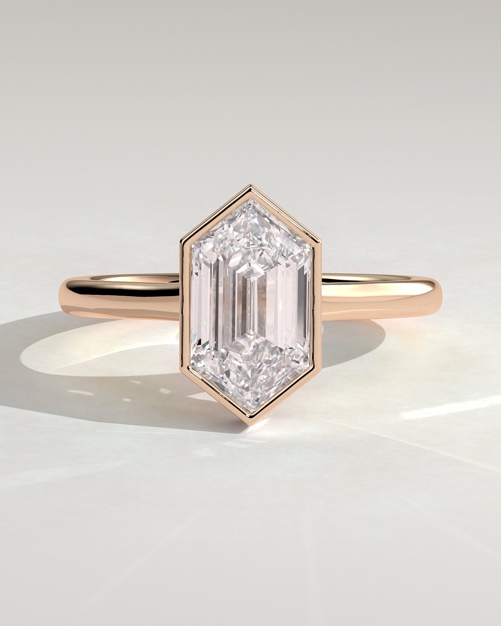 Gloria - Elongated Hexagon Bezel Solitaire with Hidden Halo and Cathedral High Setting Engagement Ring - Rose Gold - Rose Gold 2ct