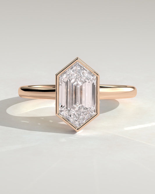 Gloria - Elongated Hexagon Bezel Solitaire with Hidden Halo and Cathedral High Setting Engagement Ring - Rose Gold