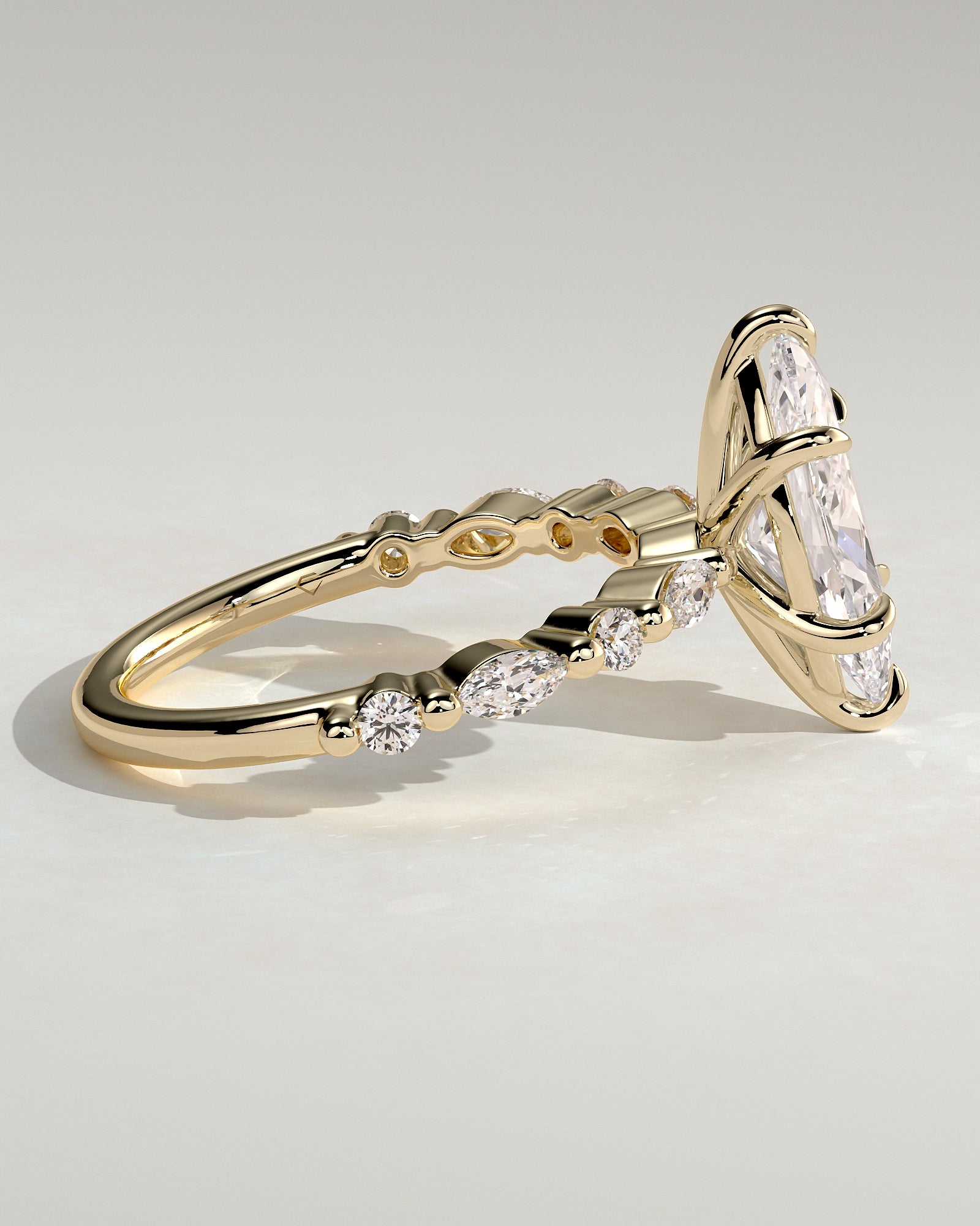 Beatrice - Marquise Claw Solitaire with Marquise and Round Accent Stones Engagement Ring - Yellow Gold - Yellow Gold 2ct