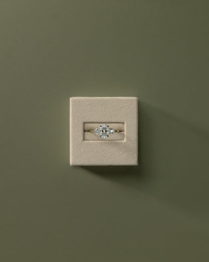 Charmaine - Elongated Cushion Claw Trilogy with Round Side Stones and Lily Detail Engagement Ring - Yellow Gold