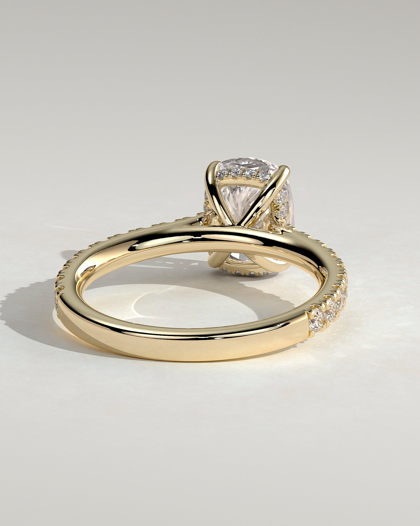 Annika - Elongated Cushion Claw Solitaire with Hidden Halo, Pave Band and Cathedral High Setting Engagement Ring - Yellow Gold - Yellow Gold 2ct
