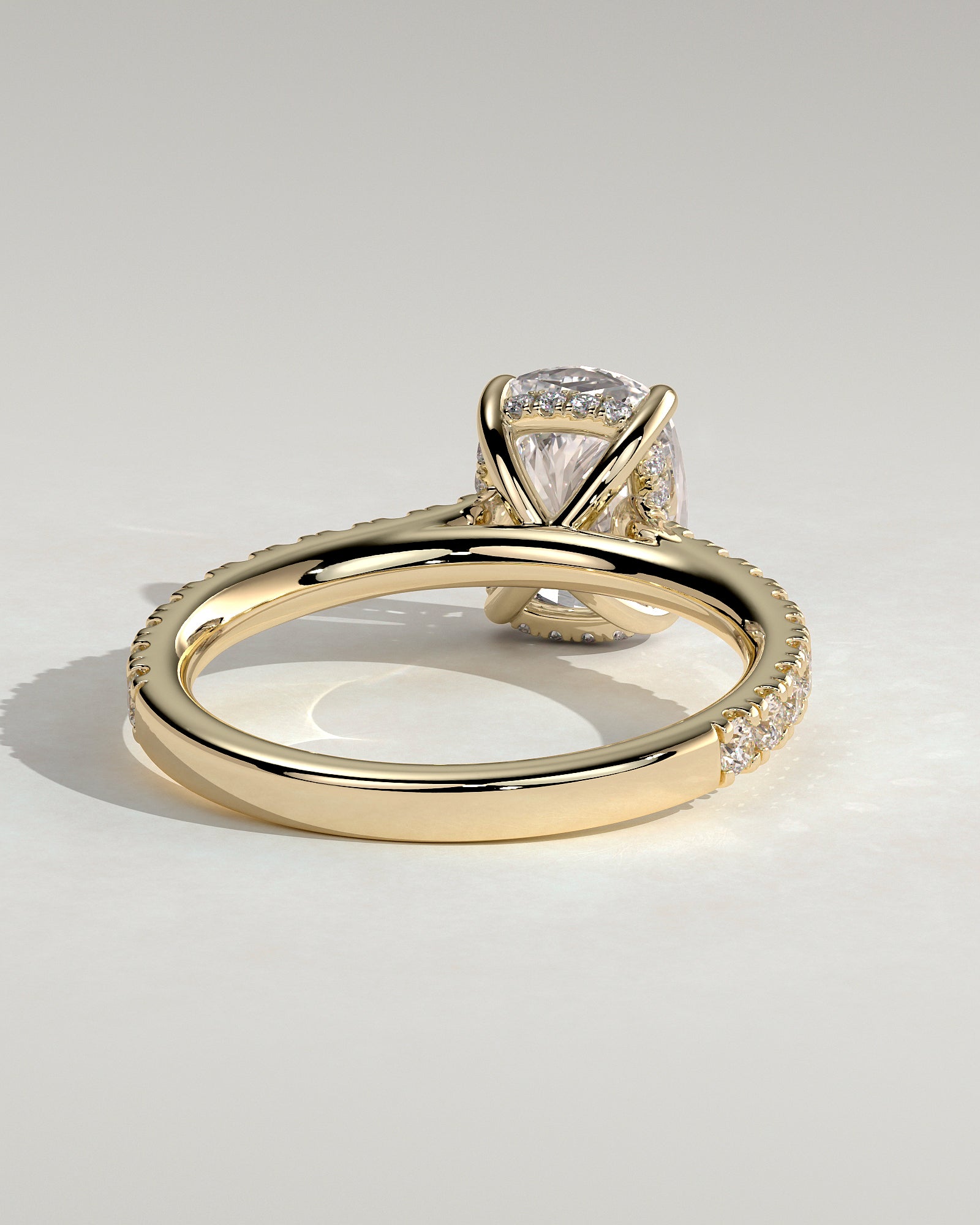 Annika - Elongated Cushion Claw Solitaire with Hidden Halo, Pave Band and Cathedral High Setting Engagement Ring - Yellow Gold - Yellow Gold 2ct