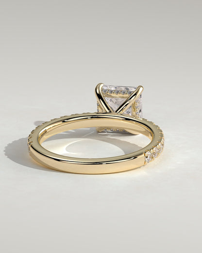 Annie - Princess Claw Solitaire with Hidden Halo and Pave Band Engagement Ring - Yellow Gold