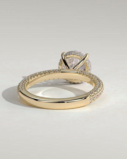 Alex - Round Claw Solitaire with Hidden Halo and Triple Pave Band Engagement Ring - Yellow Gold