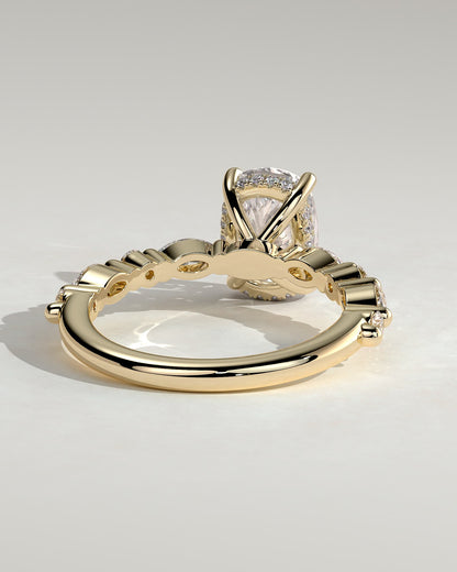 Cali - Elongated Cushion Claw Solitaire with Marquise-Round Accent Stones and Hidden Halo Engagement Ring - Yellow Gold