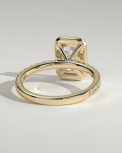 Catherine - Radiant Claw Solitaire with Halo and Pave Band Engagement Ring - Yellow Gold