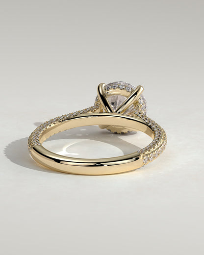Chelsea - Round Claw Solitaire with Hidden Halo, Triple Pave Band and Cathedral High Setting Engagement Ring - Yellow Gold