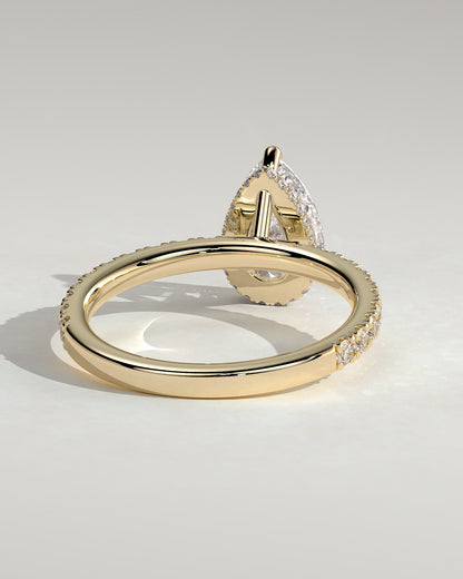 Keira - Pear Claw Solitaire with Wrap Around Hidden Halo and Pave Band Engagement Ring - Yellow Gold