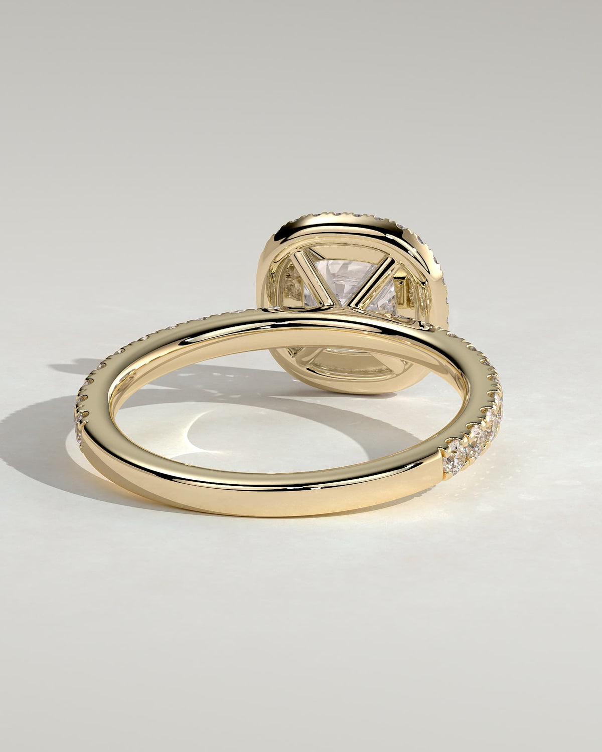 Suzana - Cushion Claw Solitaire with Halo and Pave Band Engagement Ring - Yellow Gold