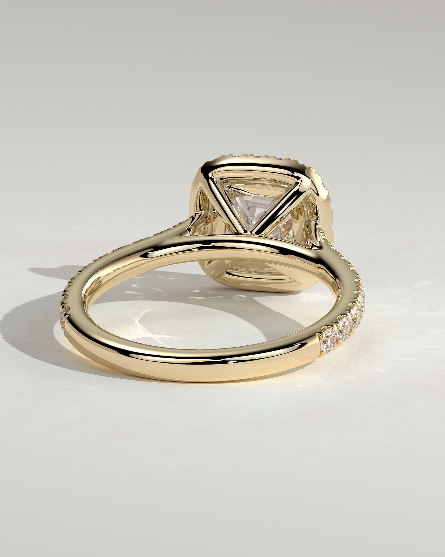 Nicole - Cushion Claw Solitaire with Halo and Pave Band and Cathedral High Setting Engagement Ring - Yellow Gold