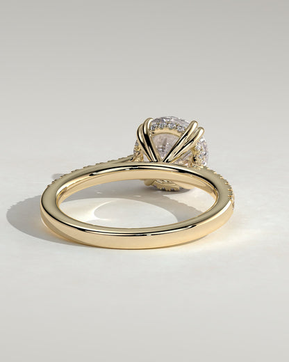 Amelia - Round Double Claw Solitaire with Hidden Halo, Tapered Pave Band and Cathedral High Setting Engagement Ring - Yellow Gold