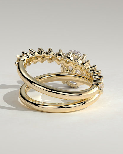 Athena - Oval Claw Solitaire with Double Plain-and-Round-Accent Stones Band Engagement Ring - Yellow Gold