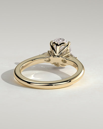 Elena - Oval Claw Trilogy with Pear Side Stones and Tulip Detail Engagement Ring - Yellow Gold