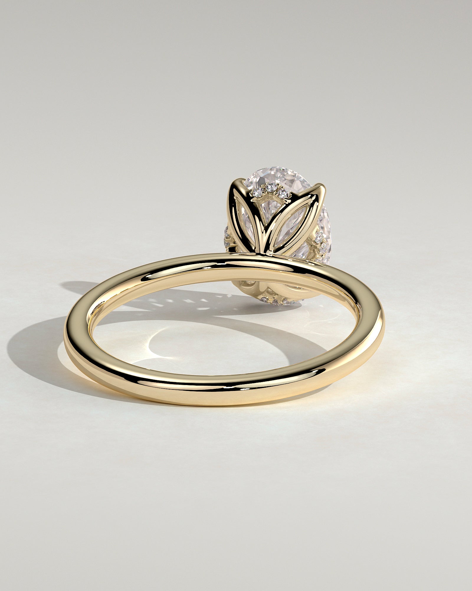 Ivy - Oval Claw Solitaire with Petal Gallery and Accented Tiara Detail Engagement Ring - Yellow Gold - Yellow Gold 2ct
