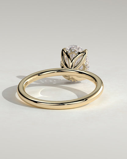 Ivy - Oval Claw Solitaire with Petal Gallery and Accented Tiara Detail Engagement Ring - Yellow Gold