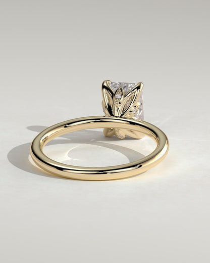 Dove - Emerald Claw Solitaire with Petal Gallery and Accent Leaf Detail Engagement Ring - Yellow Gold