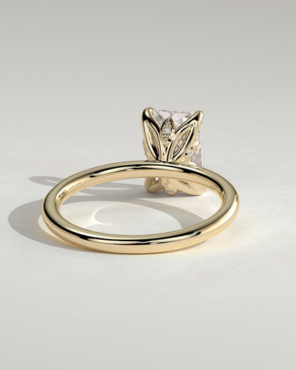 Evie - Radiant Claw Solitaire with Petal Gallery and Accent Leaf Detail Engagement Ring - Yellow Gold